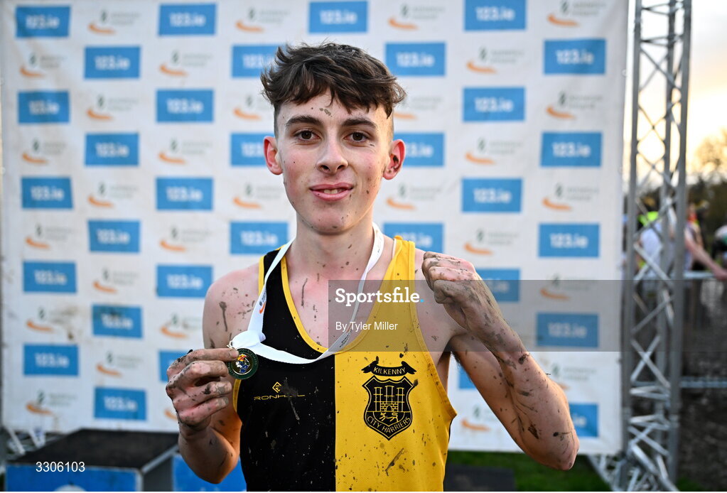 7 December 2025; Callum Barron of Kilkenny City Harriers AC, Kilkenny, celebrates after winning in the Novice Men 6000m during the 123.ie National Novice and Juvenile Uneven Age Cross Country Championships at the Sport Ireland National Cross Country Track in Abbotstown, Dublin. Photo by Tyler Miller/Sportsfile