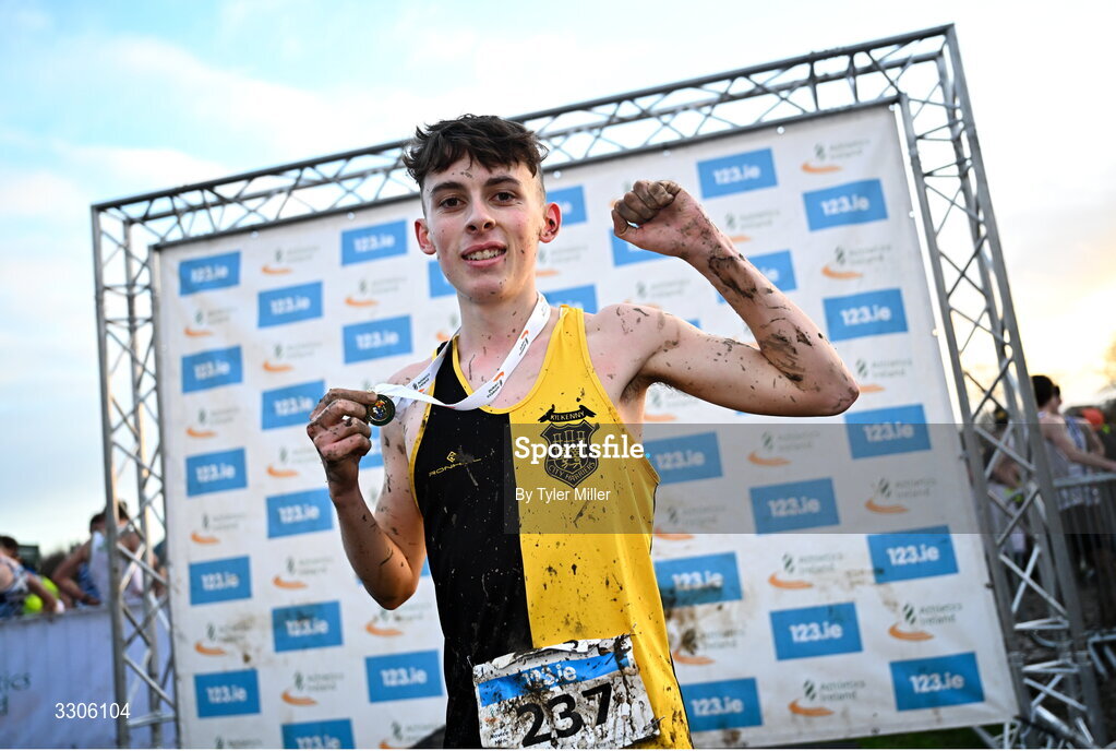 7 December 2025; Callum Barron of Kilkenny City Harriers AC, Kilkenny, celebrates after winning in the Novice Men 6000m during the 123.ie National Novice and Juvenile Uneven Age Cross Country Championships at the Sport Ireland National Cross Country Track in Abbotstown, Dublin. Photo by Tyler Miller/Sportsfile