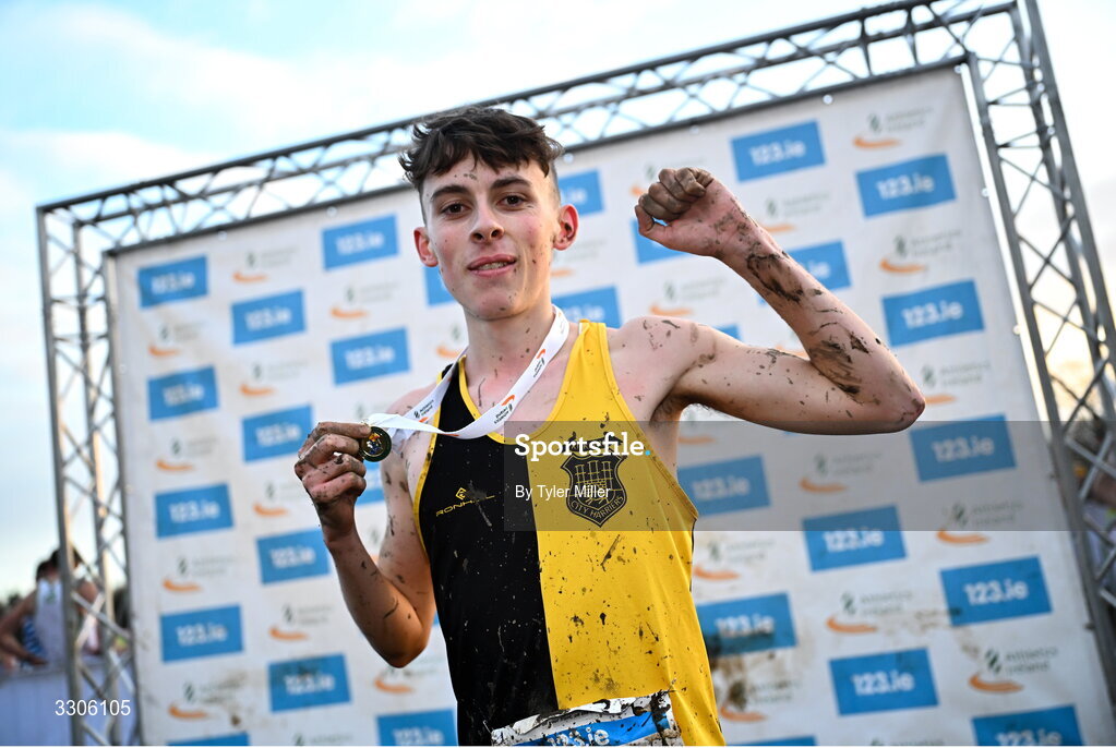 7 December 2025; Callum Barron of Kilkenny City Harriers AC, Kilkenny, celebrates after winning in the Novice Men 6000m during the 123.ie National Novice and Juvenile Uneven Age Cross Country Championships at the Sport Ireland National Cross Country Track in Abbotstown, Dublin. Photo by Tyler Miller/Sportsfile