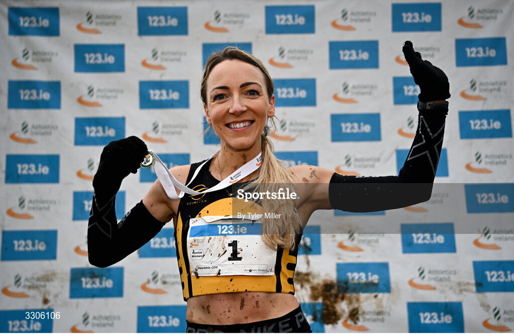 7 December 2025; Dearbhla Cox of Annadale Striders, Antrim, celebrates after winning the Novice Women 4000m during the 123.ie National Novice and Juvenile Uneven Age Cross Country Championships at the Sport Ireland National Cross Country Track in Abbotstown, Dublin. Photo by Tyler Miller/Sportsfile
