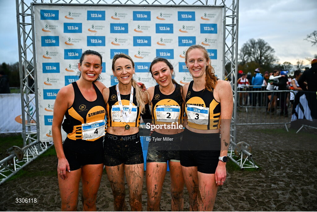 7 December 2025; Athletes from Annadale Striders, Antrim, from left, Ellen Erskine, Novice Women 4000m winner Dearbhla Cox, Catriona Edington and Lucy Backus after the Novice Women 4000m during the 123.ie National Novice and Juvenile Uneven Age Cross Country Championships at the Sport Ireland National Cross Country Track in Abbotstown, Dublin. Photo by Tyler Miller/Sportsfile