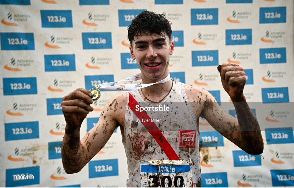 7 December 2025; Caolan McFadden of Cranford AC, Donegal, celebrates after winning the U19 Boys 5000m during the 123.ie National Novice and Juvenile Uneven Age Cross Country Championships at the Sport Ireland National Cross Country Track in Abbotstown, Dublin. Photo by Tyler Miller/Sportsfile