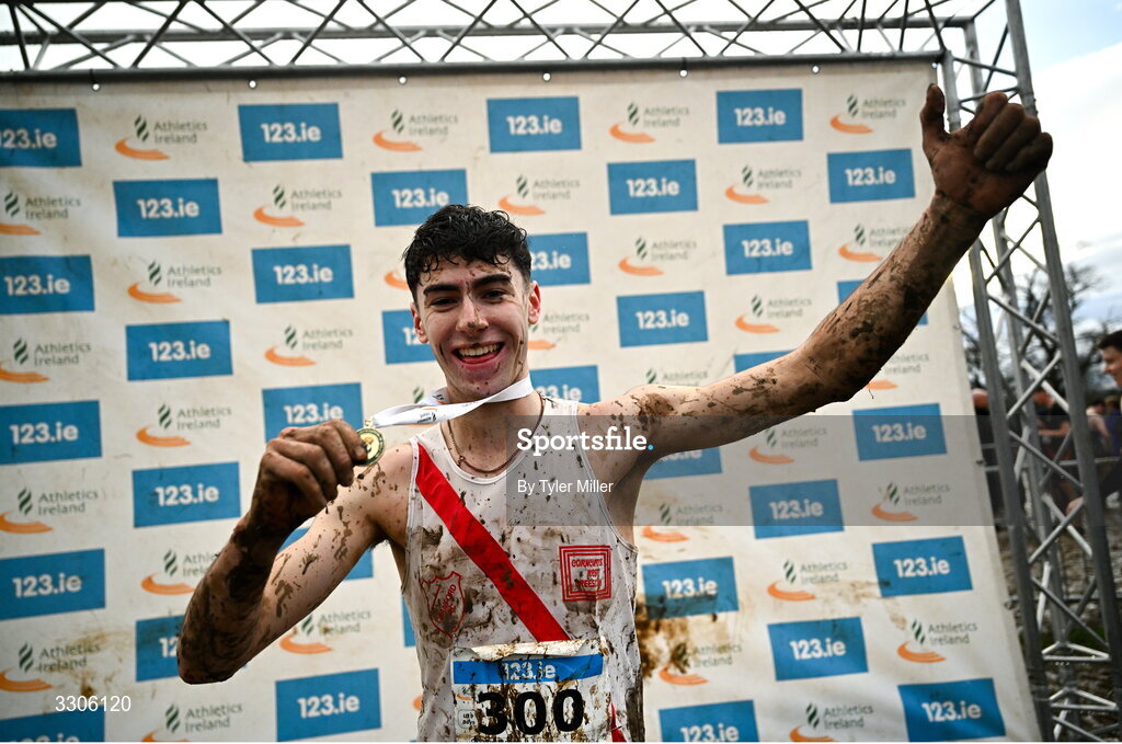 7 December 2025; Caolan McFadden of Cranford AC, Donegal, celebrates after winning the U19 Boys 5000m during the 123.ie National Novice and Juvenile Uneven Age Cross Country Championships at the Sport Ireland National Cross Country Track in Abbotstown, Dublin. Photo by Tyler Miller/Sportsfile