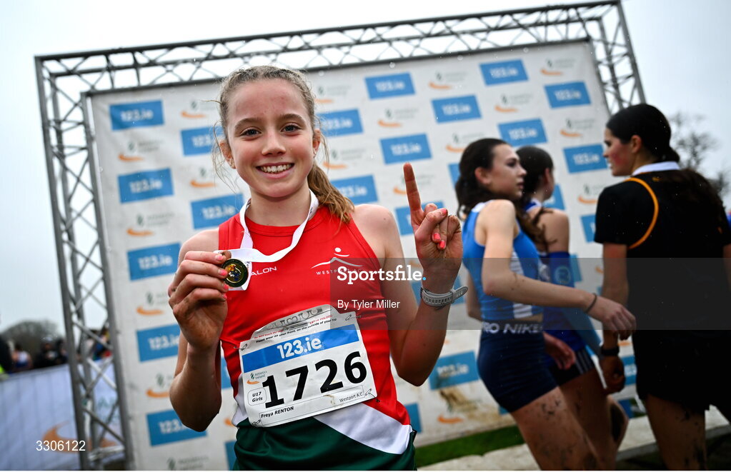 7 December 2025; Freya Renton of Westport AC, ,Mayo, celebrates after winning the U17 Girls 4500m during the 123.ie National Novice and Juvenile Uneven Age Cross Country Championships at the Sport Ireland National Cross Country Track in Abbotstown, Dublin. Photo by Tyler Miller/Sportsfile
