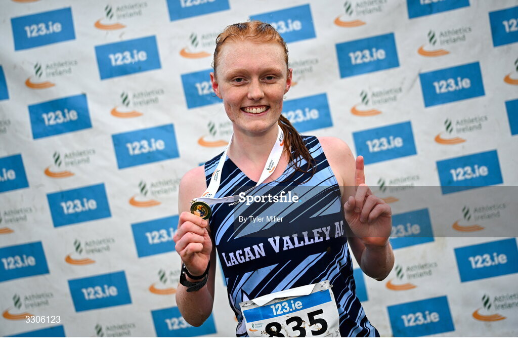 7 December 2025; Freya Woodhead of Lagan Valley AC, Antrim, celebrates after winning the U19 Girls 5000m during the 123.ie National Novice and Juvenile Uneven Age Cross Country Championships at the Sport Ireland National Cross Country Track in Abbotstown, Dublin. Photo by Tyler Miller/Sportsfile