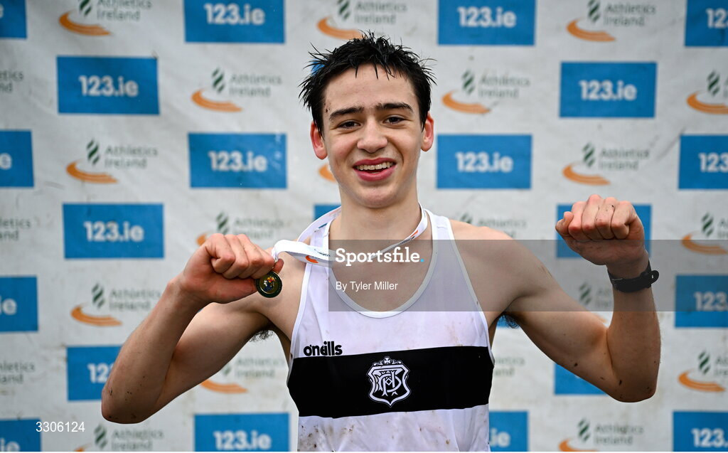 7 December 2025; Callum Twomey of Donore Harriers AC, Dublin, celebrates after winning the U17 Boys 4500m during the 123.ie National Novice and Juvenile Uneven Age Cross Country Championships at the Sport Ireland National Cross Country Track in Abbotstown, Dublin. Photo by Tyler Miller/Sportsfile
