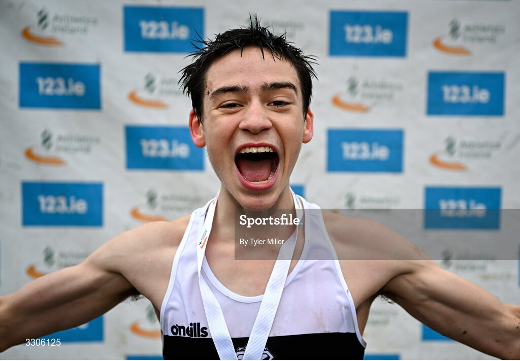7 December 2025; Callum Twomey of Donore Harriers AC, Dublin, celebrates after winning the U17 Boys 4500m during the 123.ie National Novice and Juvenile Uneven Age Cross Country Championships at the Sport Ireland National Cross Country Track in Abbotstown, Dublin. Photo by Tyler Miller/Sportsfile