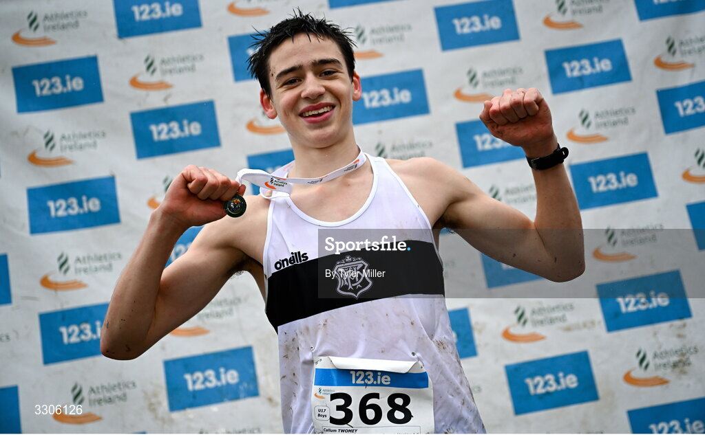 7 December 2025; Callum Twomey of Donore Harriers AC, Dublin, celebrates after winning the U17 Boys 4500m during the 123.ie National Novice and Juvenile Uneven Age Cross Country Championships at the Sport Ireland National Cross Country Track in Abbotstown, Dublin. Photo by Tyler Miller/Sportsfile