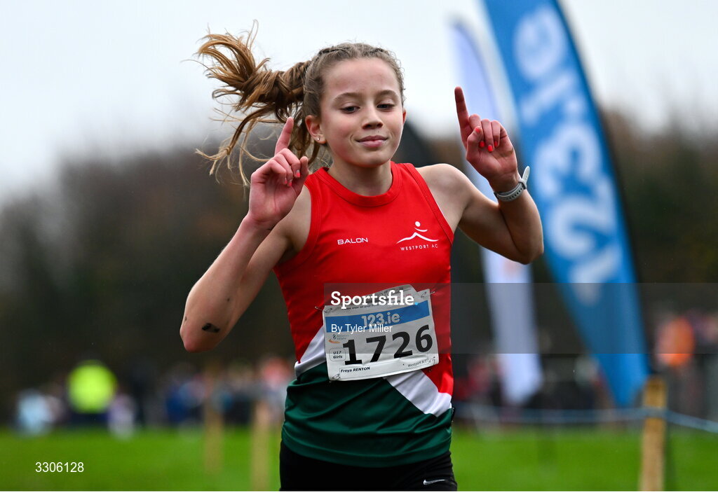 7 December 2025; Freya Renton of Westport AC, Mayo, crosses the finish line to win the U17 Girls 4500m during the 123.ie National Novice and Juvenile Uneven Age Cross Country Championships at the Sport Ireland National Cross Country Track in Abbotstown, Dublin. Photo by Tyler Miller/Sportsfile