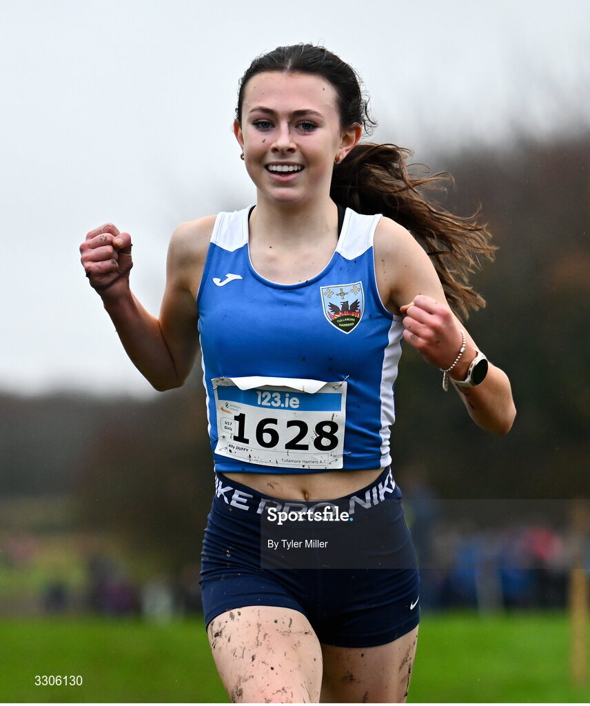 7 December 2025; Ally Duffy of Tullamore Harriers AC, Offaly, crosses the finish line to place second in the U17 Girls 4500m during the 123.ie National Novice and Juvenile Uneven Age Cross Country Championships at the Sport Ireland National Cross Country Track in Abbotstown, Dublin. Photo by Tyler Miller/Sportsfile