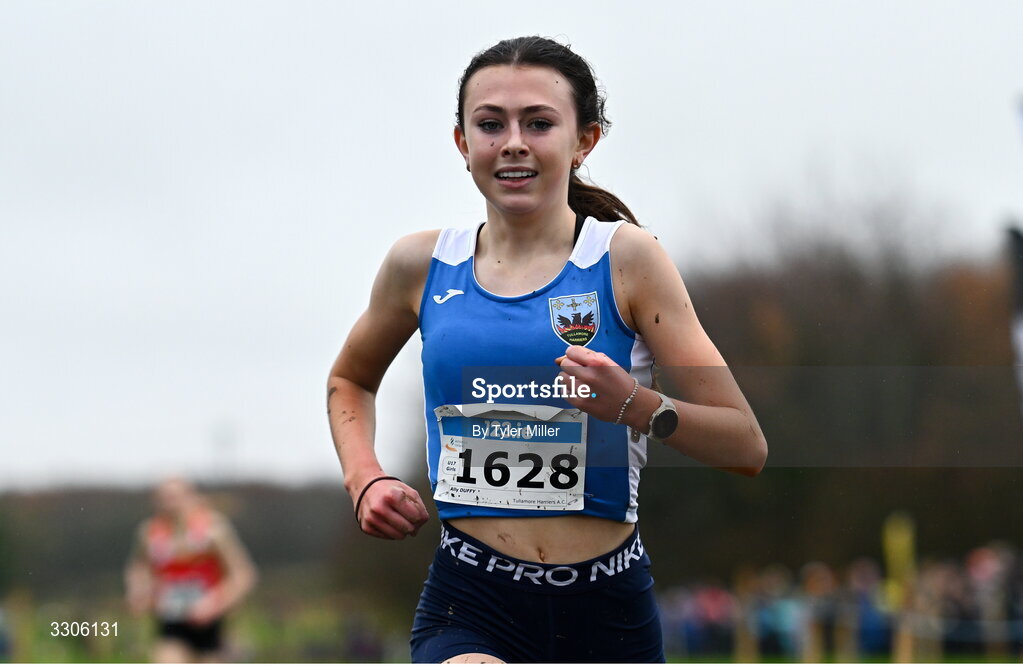 7 December 2025; Ally Duffy of Tullamore Harriers AC, Offaly, crosses the finish line to place second in the U17 Girls 4500m during the 123.ie National Novice and Juvenile Uneven Age Cross Country Championships at the Sport Ireland National Cross Country Track in Abbotstown, Dublin. Photo by Tyler Miller/Sportsfile