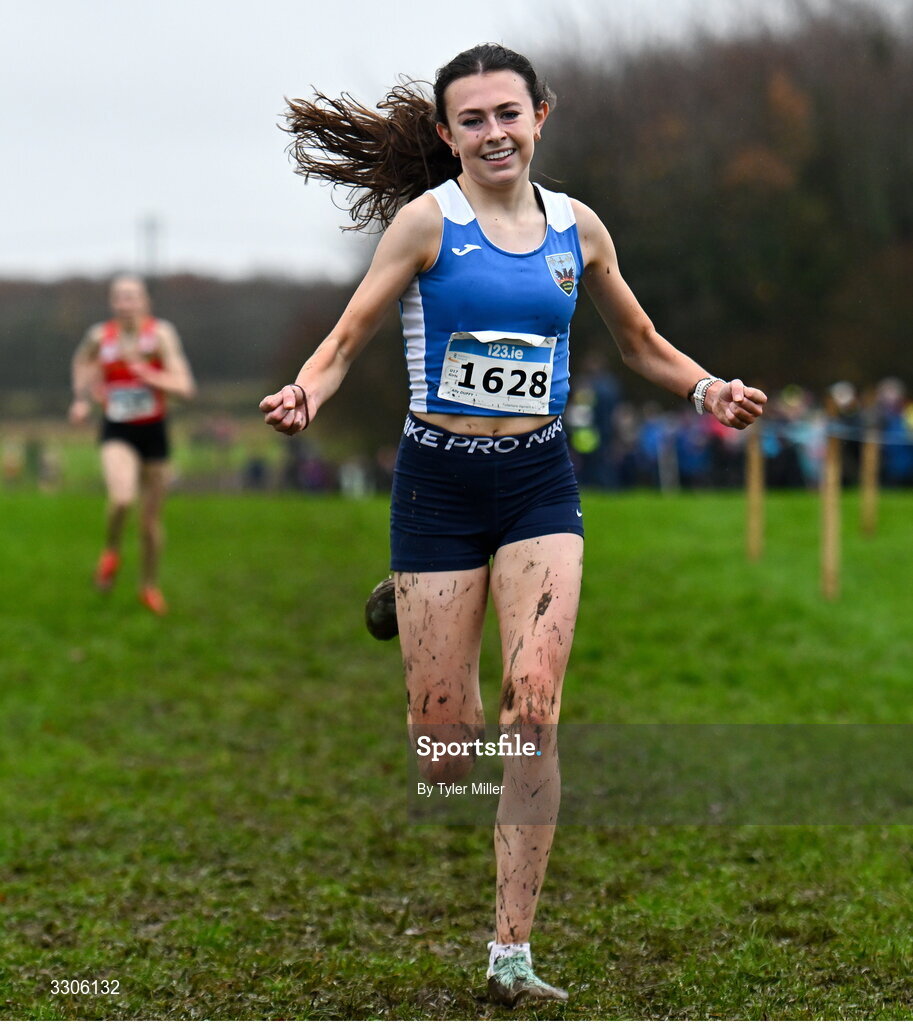 7 December 2025; Ally Duffy of Tullamore Harriers AC, Offaly, crosses the finish line to place second in the U17 Girls 4500m during the 123.ie National Novice and Juvenile Uneven Age Cross Country Championships at the Sport Ireland National Cross Country Track in Abbotstown, Dublin. Photo by Tyler Miller/Sportsfile
