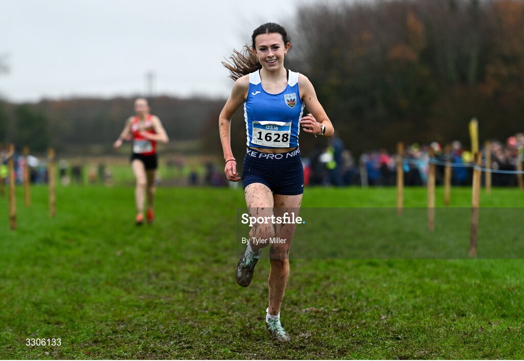7 December 2025; Ally Duffy of Tullamore Harriers AC, Offaly, crosses the finish line to place second in the U17 Girls 4500m during the 123.ie National Novice and Juvenile Uneven Age Cross Country Championships at the Sport Ireland National Cross Country Track in Abbotstown, Dublin. Photo by Tyler Miller/Sportsfile