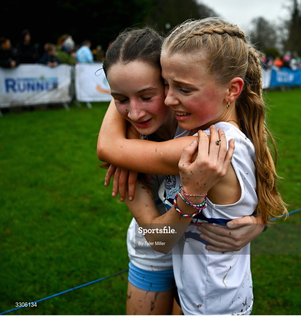 7 December 2025; Beth Reamsbottom of Mid Sutton AC, Dublin, left, and Aoife Murphy of Mid Sutton AC, Dublin, after competing in the U17 Girls 4500m during the 123.ie National Novice and Juvenile Uneven Age Cross Country Championships at the Sport Ireland National Cross Country Track in Abbotstown, Dublin. Photo by Tyler Miller/Sportsfile