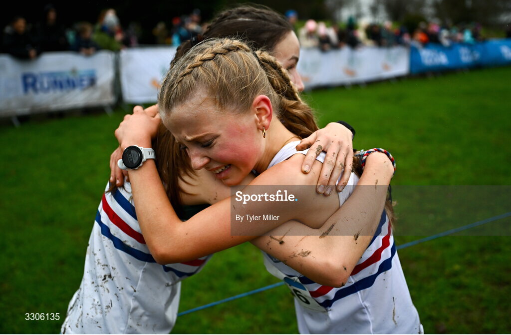 7 December 2025; Aoife Murphy of Mid Sutton AC, Dublin, right, and Beth Reamsbottom of Mid Sutton AC, Dublin, after competing in the U17 Girls 4500m during the 123.ie National Novice and Juvenile Uneven Age Cross Country Championships at the Sport Ireland National Cross Country Track in Abbotstown, Dublin. Photo by Tyler Miller/Sportsfile