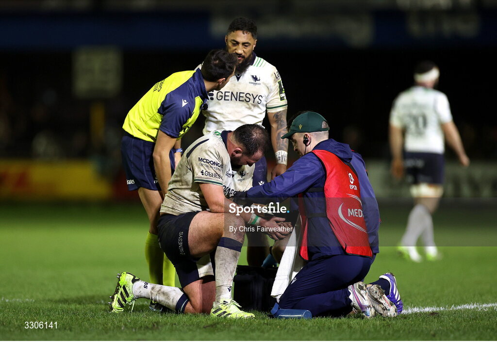 7 December 2025; Jack Aungier of Connacht receives treatment during the EPCR Challenge Cup match between Ospreys and Connacht at Dunraven Brewery Field in Bridgend, Wales. Photo by Chris Fairweather/Sportsfile