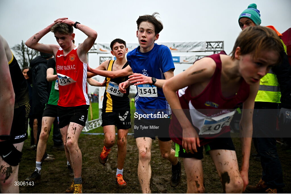 7 December 2025; Conor Ferry of Star of the Sea AC, Meath, centre, after competing in the U15 Boys 3500m during the 123.ie National Novice and Juvenile Uneven Age Cross Country Championships at the Sport Ireland National Cross Country Track in Abbotstown, Dublin. Photo by Tyler Miller/Sportsfile