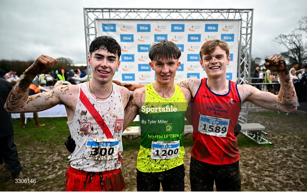 7 December 2025; U19 Boys 5000m athletes, from left, Caolan McFadden of Cranford AC, Donegal, Lucas Lyons of North Leitrim AC, Leitrim, and Caolán Gilbride of Tír Chonaill AC, Donegal, after competing in the U19 Boys 5000m during the 123.ie National Novice and Juvenile Uneven Age Cross Country Championships at the Sport Ireland National Cross Country Track in Abbotstown, Dublin. Photo by Tyler Miller/Sportsfile
