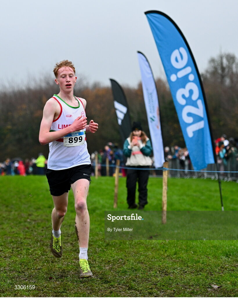 7 December 2025; Darragh Whelan of Limerick AC, Limerick, crosses the finish line to win the U15 Boys 3500m during the 123.ie National Novice and Juvenile Uneven Age Cross Country Championships at the Sport Ireland National Cross Country Track in Abbotstown, Dublin. Photo by Tyler Miller/Sportsfile