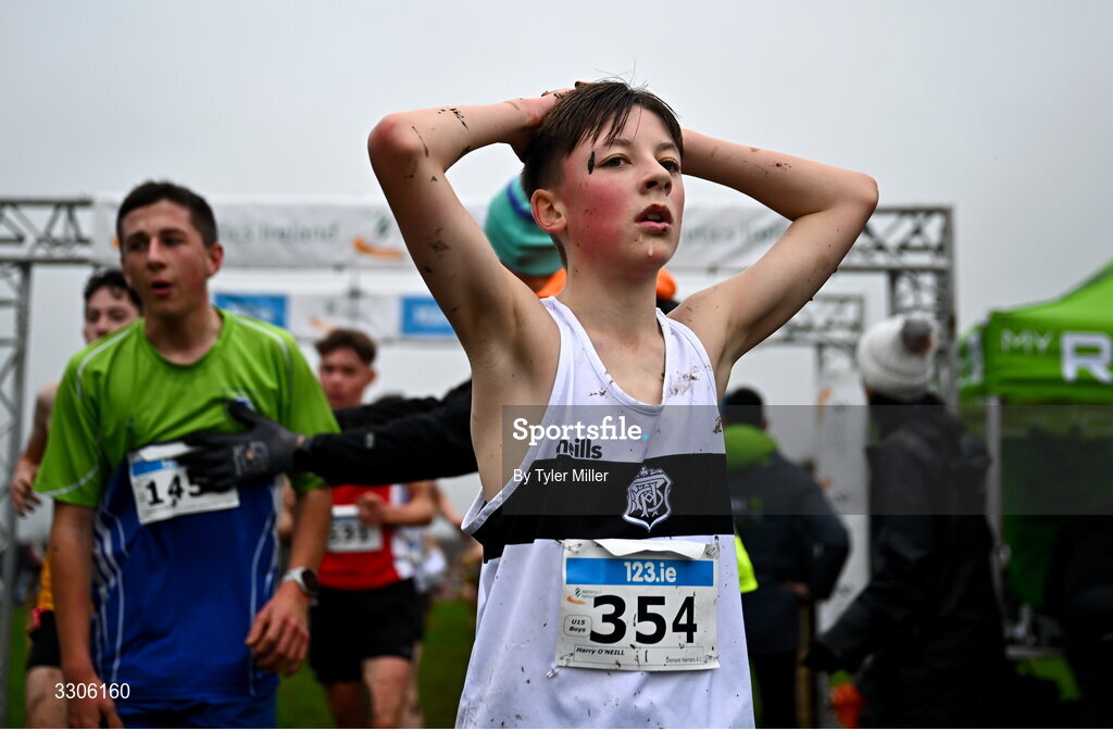 7 December 2025; Harry O'Neill of Donore Harriers AC, Dublin, after competing in the U15 Boys 3500m during the 123.ie National Novice and Juvenile Uneven Age Cross Country Championships at the Sport Ireland National Cross Country Track in Abbotstown, Dublin. Photo by Tyler Miller/Sportsfile