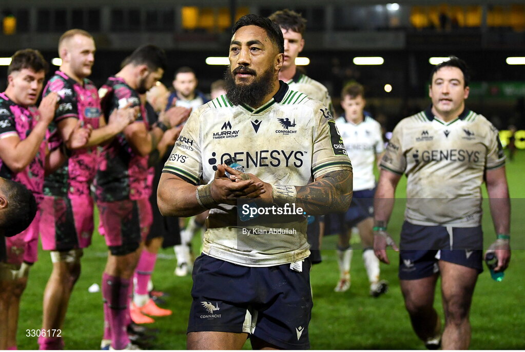 7 December 2025; A dejected Bundee Aki of Connacht after the EPCR Challenge Cup match between Ospreys and Connacht at Dunraven Brewery Field in Bridgend, Wales. Photo by Kian Abdullah/Sportsfie