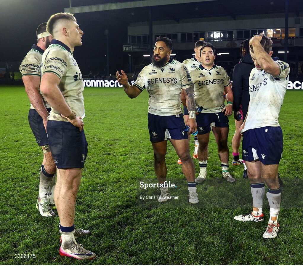 7 December 2025; Dejected Connacht players, including Bundee Aki, after the EPCR Challenge Cup match between Ospreys and Connacht at Dunraven Brewery Field in Bridgend, Wales. Photo by Chris Fairweather/Sportsfile