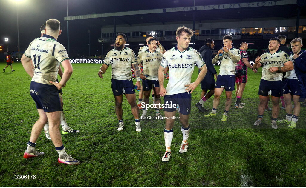 7 December 2025; Dejected Connacht players, including Bundee Aki, after the EPCR Challenge Cup match between Ospreys and Connacht at Dunraven Brewery Field in Bridgend, Wales. Photo by Chris Fairweather/Sportsfile