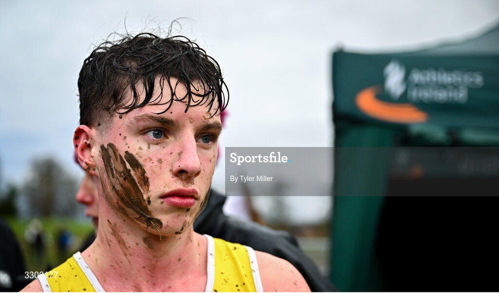 7 December 2025; Eoin McConnell of North Belfast Harriers, Antrim, after competing in the U19 Boys 5000m during the 123.ie National Novice and Juvenile Uneven Age Cross Country Championships at the Sport Ireland National Cross Country Track in Abbotstown, Dublin. Photo by Tyler Miller/Sportsfile