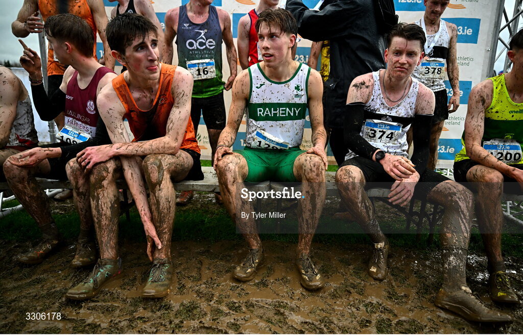 7 December 2025; Runners, from left, Diarmuid Moloney of Nenagh Olympic AC, Tipperary, Conrad Latham of Raheny Shamrock AC, Dublin, and Rhys Johnson of Donore Harriers AC, Dublin, after competing in the U19 Boys 5000m during the 123.ie National Novice and Juvenile Uneven Age Cross Country Championships at the Sport Ireland National Cross Country Track in Abbotstown, Dublin. Photo by Tyler Miller/Sportsfile