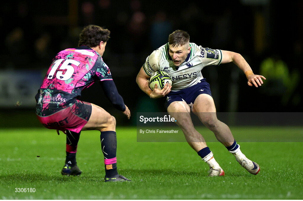 7 December 2025; Finn Treacy of Connacht in action against Jack Walsh of Ospreys during the EPCR Challenge Cup match between Ospreys and Connacht at Dunraven Brewery Field in Bridgend, Wales. Photo by Chris Fairweather/Sportsfile