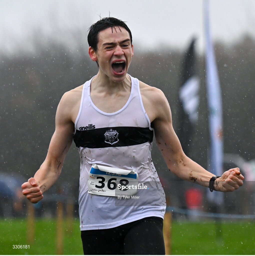7 December 2025; Callum Twomey of Donore Harriers AC, Dublin, crosses the finish line to win the U17 Boys 4500m during the 123.ie National Novice and Juvenile Uneven Age Cross Country Championships at the Sport Ireland National Cross Country Track in Abbotstown, Dublin. Photo by Tyler Miller/Sportsfile