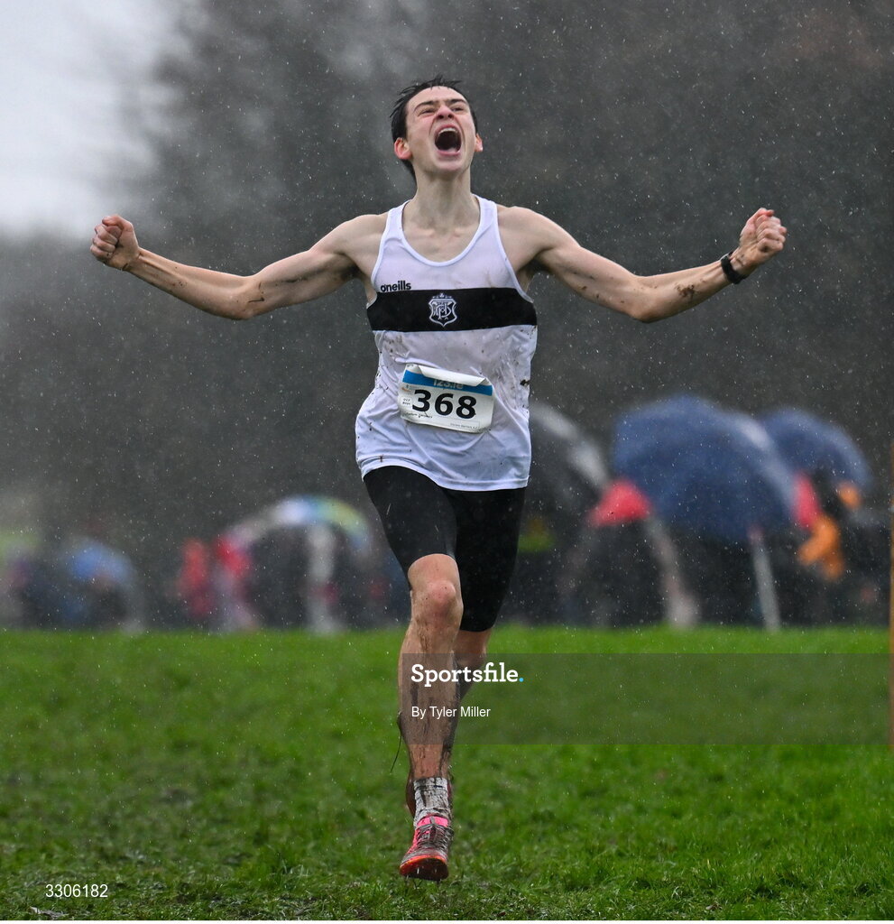 7 December 2025; Callum Twomey of Donore Harriers AC, Dublin, crosses the finish line to win the U17 Boys 4500m during the 123.ie National Novice and Juvenile Uneven Age Cross Country Championships at the Sport Ireland National Cross Country Track in Abbotstown, Dublin. Photo by Tyler Miller/Sportsfile