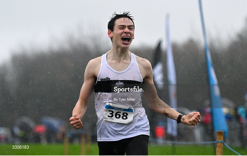 7 December 2025; Callum Twomey of Donore Harriers AC, Dublin, crosses the finish line to win the U17 Boys 4500m during the 123.ie National Novice and Juvenile Uneven Age Cross Country Championships at the Sport Ireland National Cross Country Track in Abbotstown, Dublin. Photo by Tyler Miller/Sportsfile