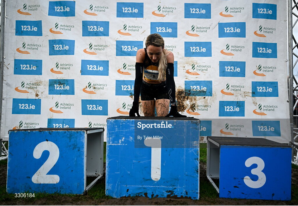 7 December 2025; Dearbhla Cox of Annadale Striders, Antrim, after winning the Novice Women 4000m during the 123.ie National Novice and Juvenile Uneven Age Cross Country Championships at the Sport Ireland National Cross Country Track in Abbotstown, Dublin. Photo by Tyler Miller/Sportsfile