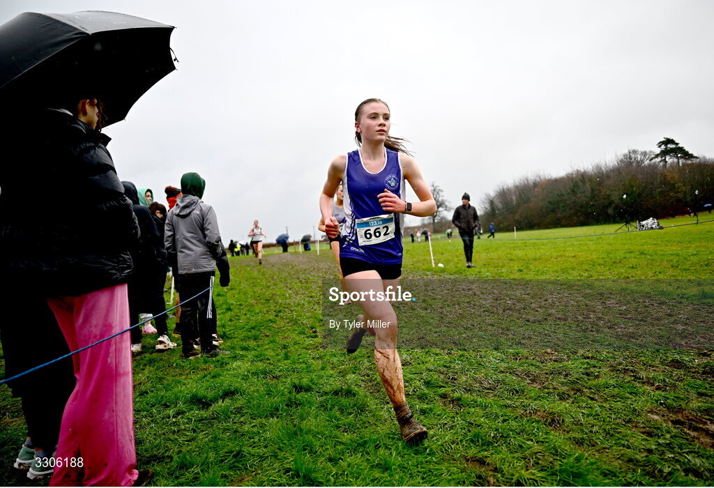7 December 2025; Molly Heaney of Foyle Valley AC, Derry, competing in the U19 Girls 5000m during the 123.ie National Novice and Juvenile Uneven Age Cross Country Championships at the Sport Ireland National Cross Country Track in Abbotstown, Dublin. Photo by Tyler Miller/Sportsfile