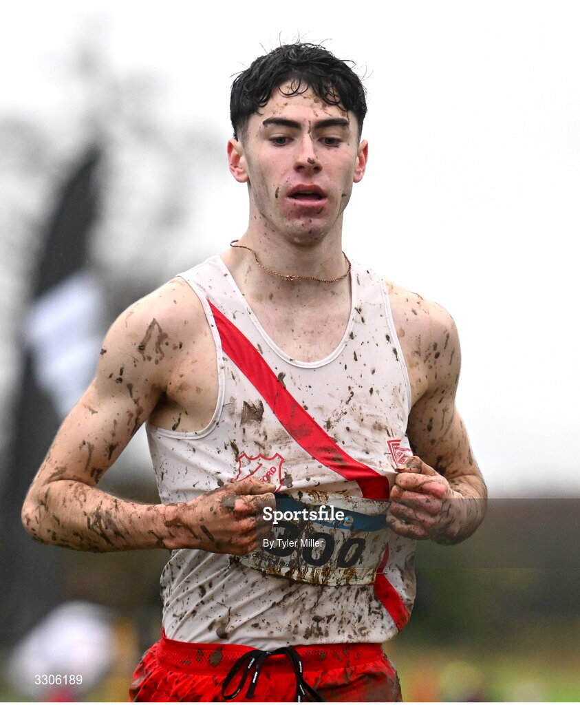 7 December 2025; Caolan McFadden of Cranford AC, Dublin, on his way to winning the U19 Boys 5000m during the 123.ie National Novice and Juvenile Uneven Age Cross Country Championships at the Sport Ireland National Cross Country Track in Abbotstown, Dublin. Photo by Tyler Miller/Sportsfile