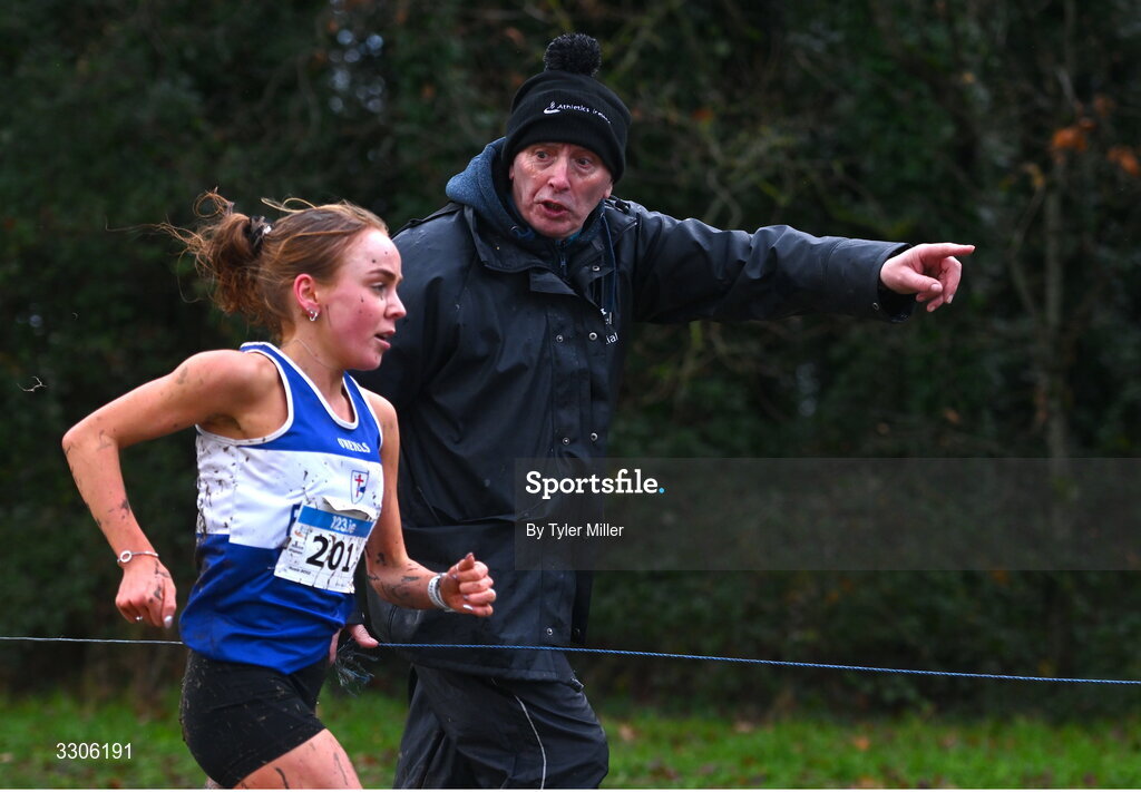 7 December 2025; Nuala Bose of Finn Valley AC, Donegal, is encourged as she competes in the Novice Women 4000m during the 123.ie National Novice and Juvenile Uneven Age Cross Country Championships at the Sport Ireland National Cross Country Track in Abbotstown, Dublin. Photo by Tyler Miller/Sportsfile