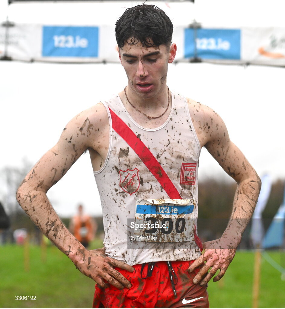 7 December 2025; Caolan McFadden of Cranford AC, Dublin, after winning the U19 Boys 5000m during the 123.ie National Novice and Juvenile Uneven Age Cross Country Championships at the Sport Ireland National Cross Country Track in Abbotstown, Dublin. Photo by Tyler Miller/Sportsfile