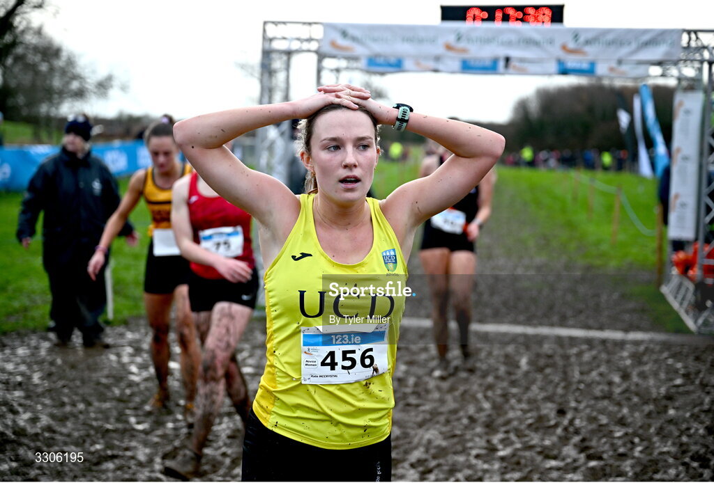 7 December 2025; Kate Mccrystal of UCD AC, Dublin, after competing in the Novice Women 4000m during the 123.ie National Novice and Juvenile Uneven Age Cross Country Championships at the Sport Ireland National Cross Country Track in Abbotstown, Dublin. Photo by Tyler Miller/Sportsfile