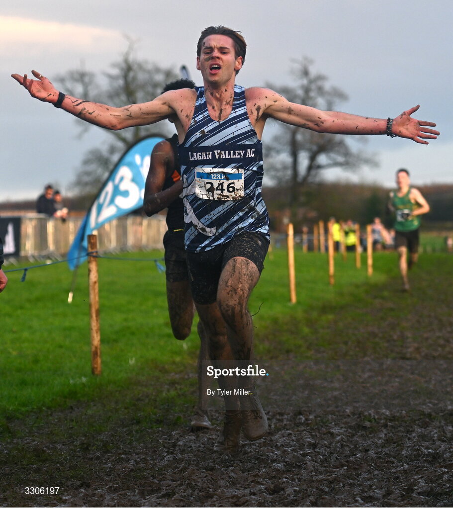7 December 2025; Stephen Lyster of Lagan Valley AC, Antrim, crosses the finish line to place second in the Novice Men 6000m during the 123.ie National Novice and Juvenile Uneven Age Cross Country Championships at the Sport Ireland National Cross Country Track in Abbotstown, Dublin. Photo by Tyler Miller/Sportsfile