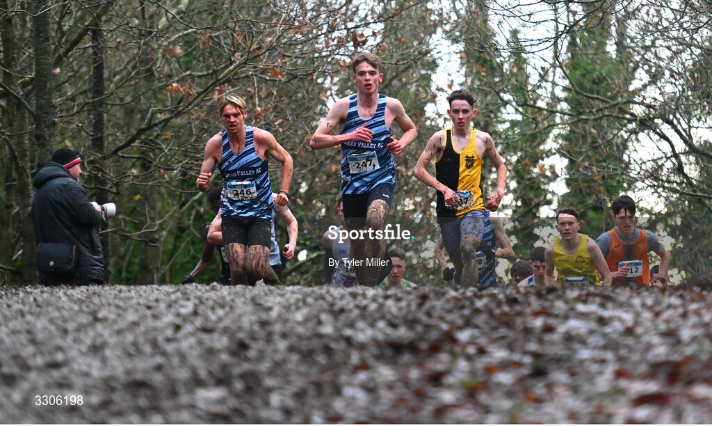 7 December 2025; Noah Kavanagh of Lagan Valley AC, Antrim, leads the field in the Novice Men 6000m during the 123.ie National Novice and Juvenile Uneven Age Cross Country Championships at the Sport Ireland National Cross Country Track in Abbotstown, Dublin. Photo by Tyler Miller/Sportsfile
