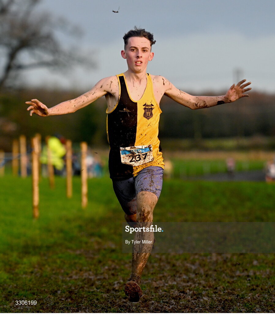 7 December 2025; Callum Barron of Kilkenny City Harriers AC, Kilkenny, crosses the finish line to win the Novice Men 6000m during the 123.ie National Novice and Juvenile Uneven Age Cross Country Championships at the Sport Ireland National Cross Country Track in Abbotstown, Dublin. Photo by Tyler Miller/Sportsfile