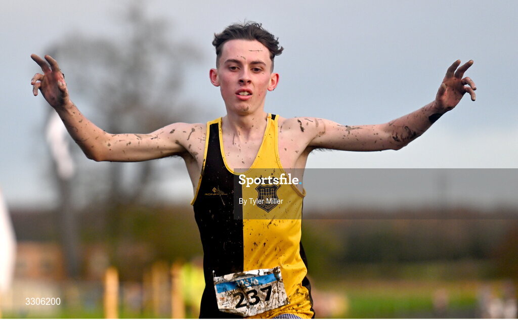 7 December 2025; Callum Barron of Kilkenny City Harriers AC, Kilkenny, crosses the finish line to win the Novice Men 6000m during the 123.ie National Novice and Juvenile Uneven Age Cross Country Championships at the Sport Ireland National Cross Country Track in Abbotstown, Dublin. Photo by Tyler Miller/Sportsfile