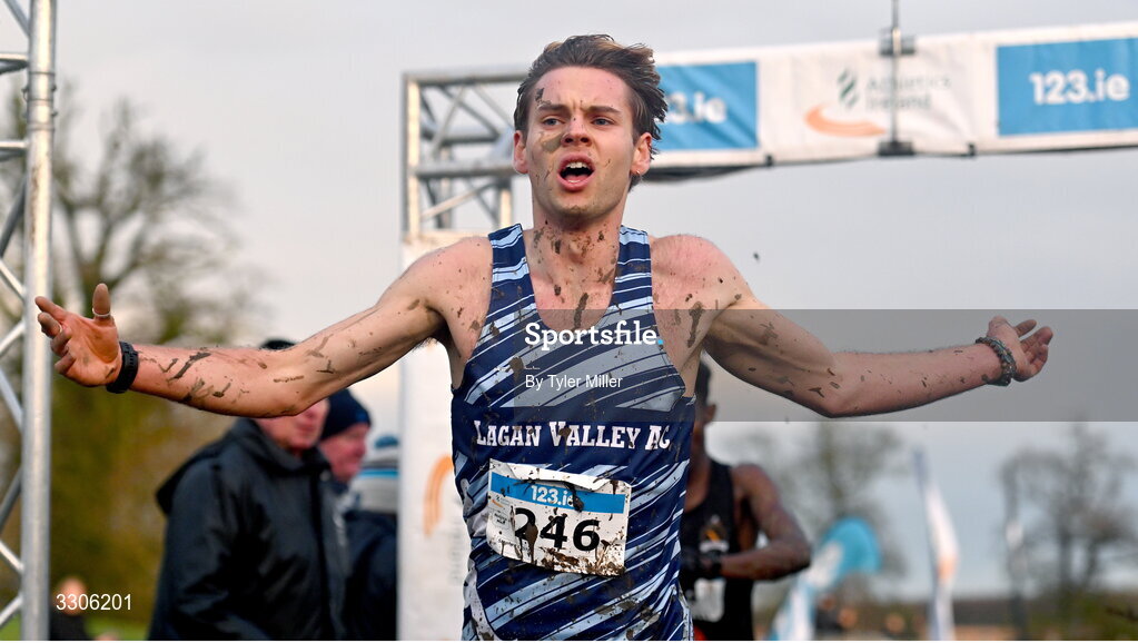 7 December 2025; Stephen Lyster of Lagan Valley AC, Antrim, crosses the finish line to place second in the Novice Men 6000m during the 123.ie National Novice and Juvenile Uneven Age Cross Country Championships at the Sport Ireland National Cross Country Track in Abbotstown, Dublin. Photo by Tyler Miller/Sportsfile