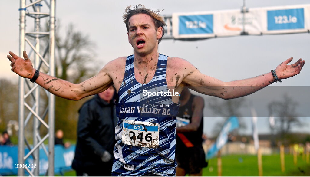 7 December 2025; Stephen Lyster of Lagan Valley AC, Antrim, crosses the finish line to place second in the Novice Men 6000m during the 123.ie National Novice and Juvenile Uneven Age Cross Country Championships at the Sport Ireland National Cross Country Track in Abbotstown, Dublin. Photo by Tyler Miller/Sportsfile