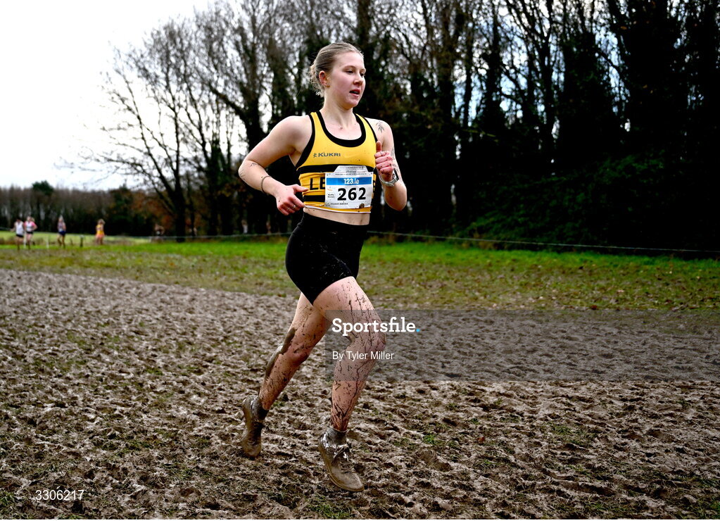 7 December 2025; Elizabeth Babcock of Leevale AC, Cork, competes in the Novice Women 4000m during the 123.ie National Novice and Juvenile Uneven Age Cross Country Championships at the Sport Ireland National Cross Country Track in Abbotstown, Dublin. Photo by Tyler Miller/Sportsfile
