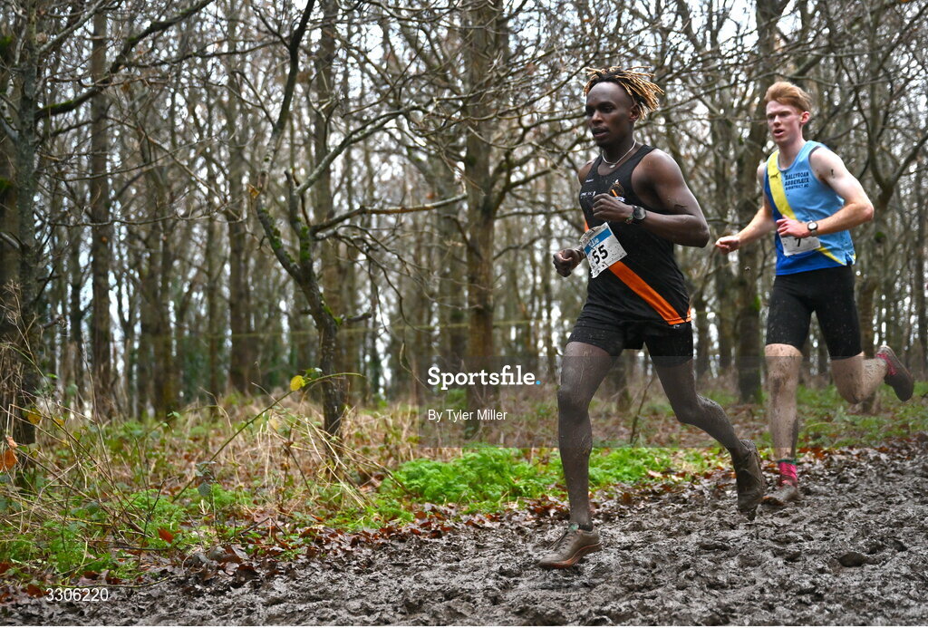 7 December 2025; Malcom Kiplagat of Clonliffe Harriers AC, Dublin, competes in the Novice Men 6000m during the 123.ie National Novice and Juvenile Uneven Age Cross Country Championships at the Sport Ireland National Cross Country Track in Abbotstown, Dublin. Photo by Tyler Miller/Sportsfile