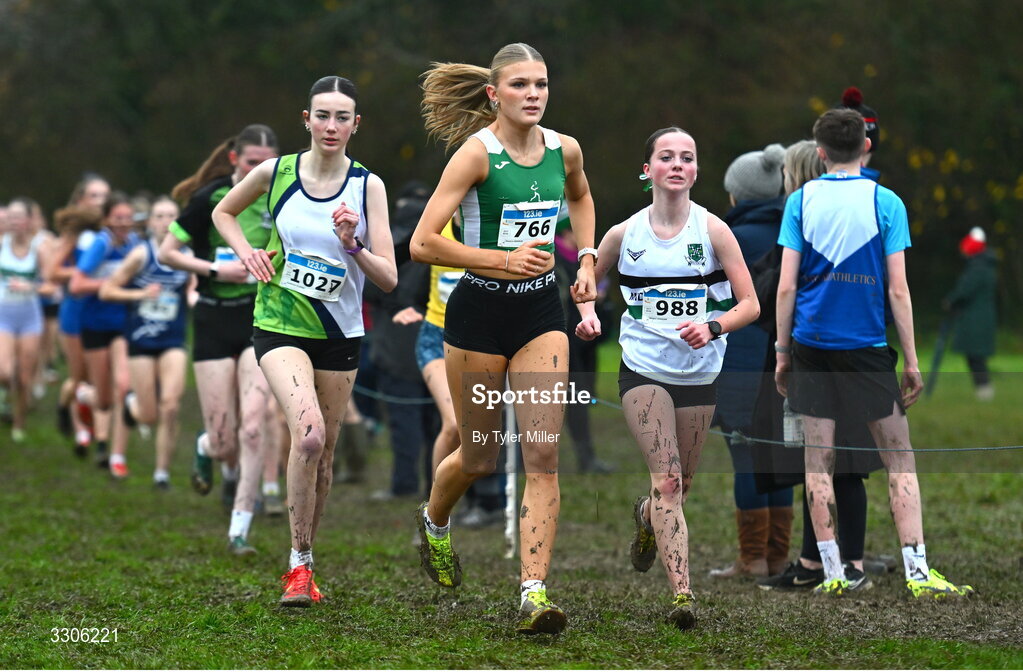 7 December 2025; Jessica Barrie of Kilcoole AC, Wicklow, competing in the U17 Girls 4500m during the 123.ie National Novice and Juvenile Uneven Age Cross Country Championships at the Sport Ireland National Cross Country Track in Abbotstown, Dublin. Photo by Tyler Miller/Sportsfile