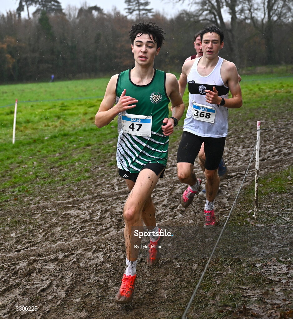 7 December 2025; Evan Tosh of Ballymena and Antrim AC, Antrim, left, competing in the U17 Boys 4500m during the 123.ie National Novice and Juvenile Uneven Age Cross Country Championships at the Sport Ireland National Cross Country Track in Abbotstown, Dublin. Photo by Tyler Miller/Sportsfile