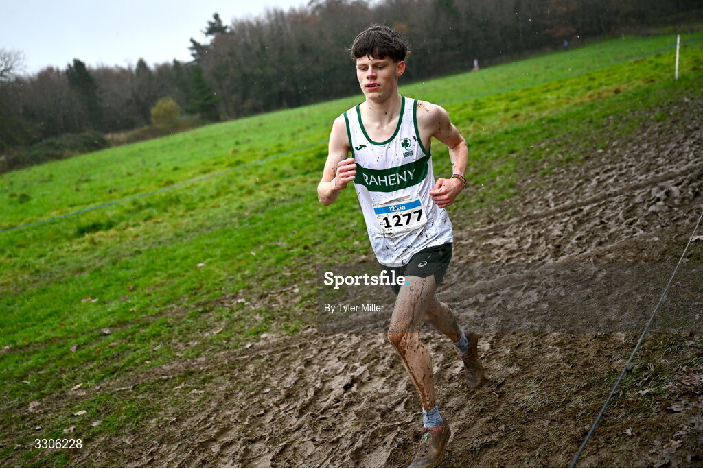 7 December 2025; Ely Nolan of Raheny Shamrock AC, Dublin, competing in the U17 Boys 4500m during the 123.ie National Novice and Juvenile Uneven Age Cross Country Championships at the Sport Ireland National Cross Country Track in Abbotstown, Dublin. Photo by Tyler Miller/Sportsfile